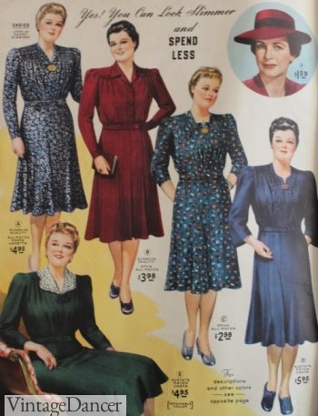 1940s plus size fall fashion- small prints and dark colors, minimal trim