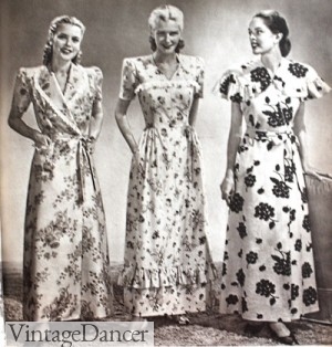 1940s floral robes or house jackets for summer feature the side wrap or sash belt style with puffed sleeves and ruffled trim. Early 1940s.