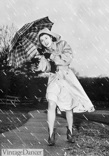 1940s trench raincoat, rubber galoshes and plaid umbrella