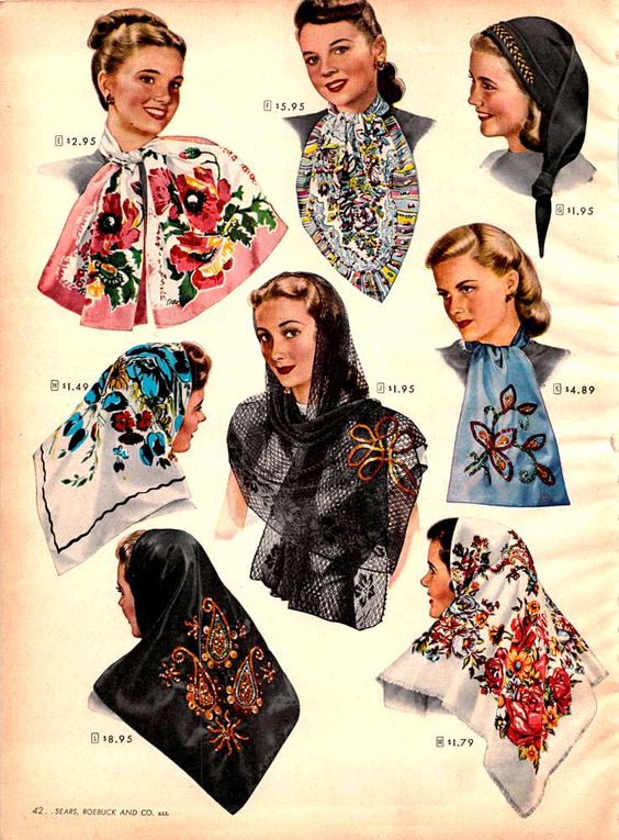 1940s scarves. Colorful big prints on 1940s scarves.