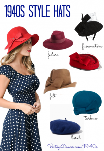 New women's hats inspired by 1940s hat fashions. Fedora, turban, beret, felt hats, and fascinators. Find these and more at VintageDancer.com