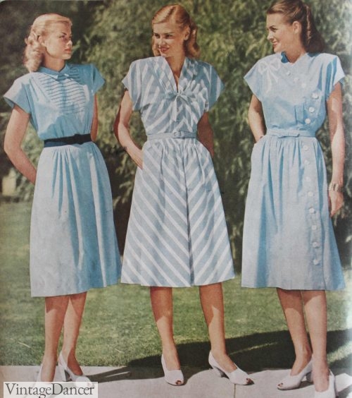 Three dolman sleeve blue dresses 1947