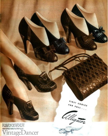 1940s shoes styles made with alligator skin, reptile skin shoes