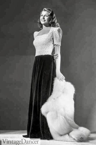 1940s white top, black skirt evening gown