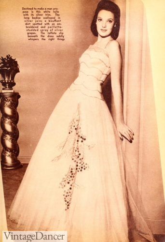 1941 silver trimmed white tulle ballgown