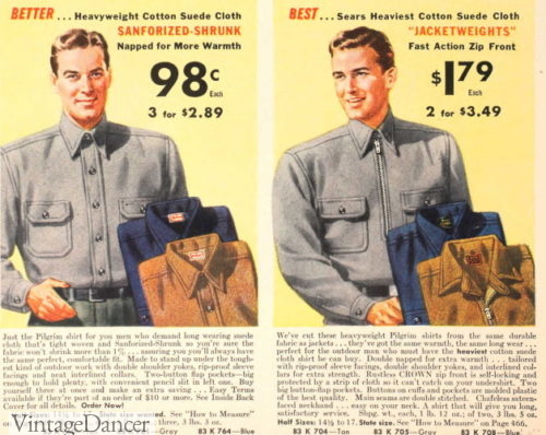 1941 men's button or zip up work shirts