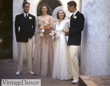 1941, groomsmen wearing ivory and black dinner jackets