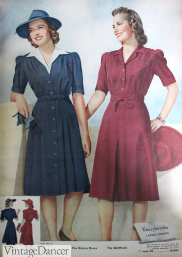 1940s contrast collar shirtwaist dress and plain dress 1940s shirtwaist dresses