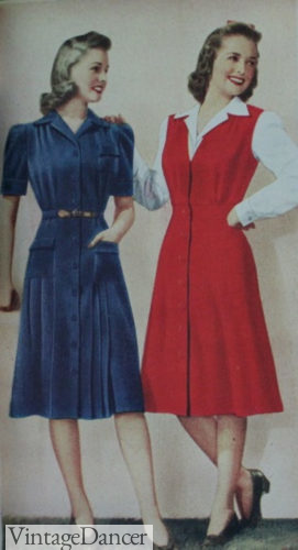 1940s WW2 blue corduroy shirtwaist dress and red wool jumper dress pinafore dress for all 1940s winter fashion and casual outfits at VintageDancer
