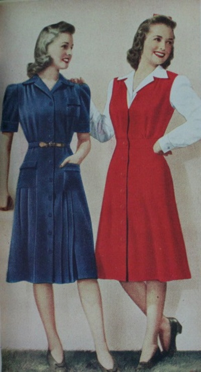 1942 blue corduroy shirtwaist dress and red wool jumper dress pinafore dress for all winter casual outfits at VintageDancer