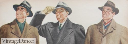 1942 mufflers/scarves in knit green (L) and red/blue plaid (R) under top coats