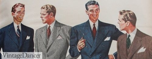 1942, men's two point white pocket squares were worn in every shade of suit