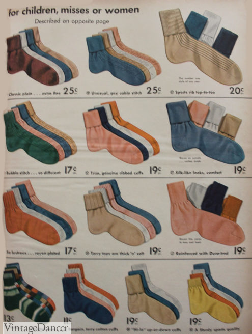 1940s socks for girls and women bobby socks crew socks colors