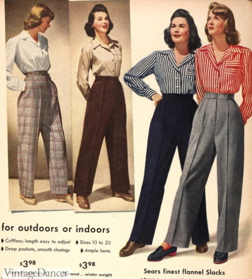1940s women pants slacks trousers wide leg fashion WW2 women's pants