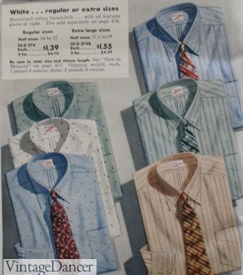 1942 Men's striped and dot dress shirts with rep stripe ties (browns, greens, reds/maroon)
