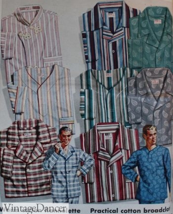 1940s men's pajama patterns: stripe, plaid, large paisly