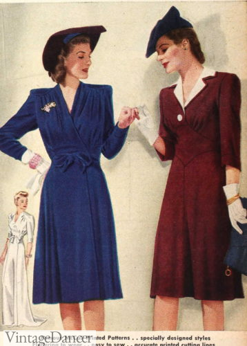 1940s party dresses in blue and maroon