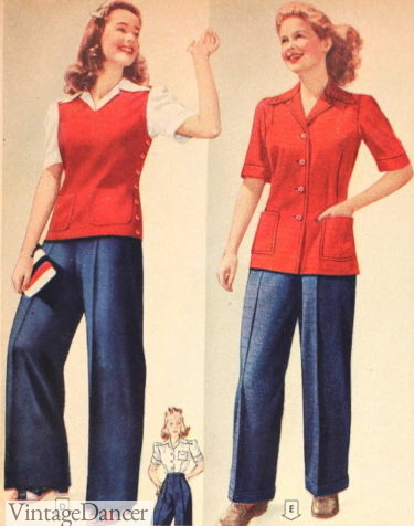 1940s teen's sleeveless vest and shirt-jacket with navy blue slacks