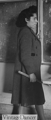 1940s teacher wears a Chesterfield coat in New Mexico