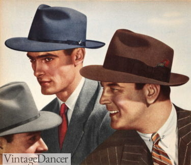 1943 men's fedora hats: blue, brown and grey