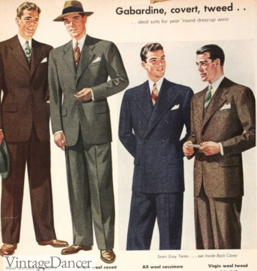 1940s gabardine, covert and tweed mens wool suits