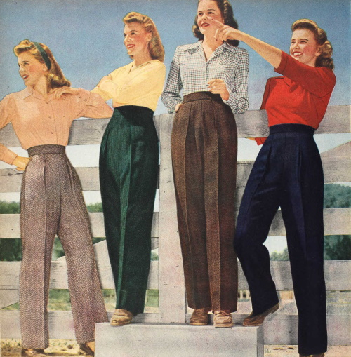1940s women's fall autumn winter outfits with slacks, pants and blouses tops at VintageDancer