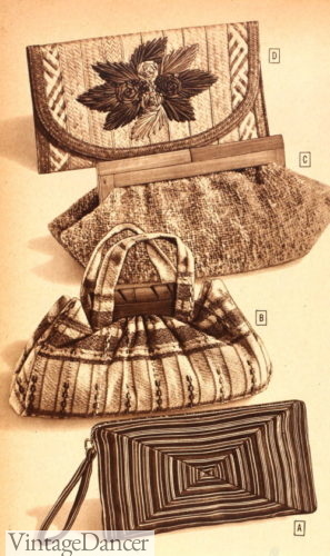 1940s purses 1943 straw, wool with wood frame, cotton cloth, and corded