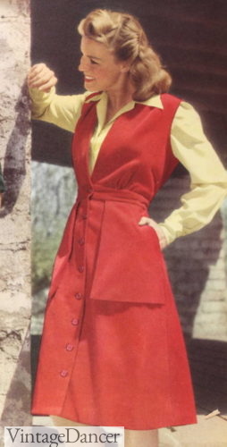 1940s red wool jumper dress over yellow blouse