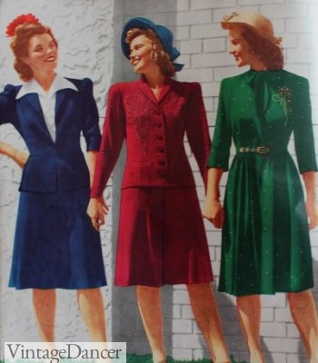 1943 women's fashions: Military inspired wide shoulders, puffed sleeves, masculine necklines, A-line skirts and minimal decoration. 