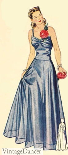 1940s a simple blue narrow strap evening gown with waltz with skirt