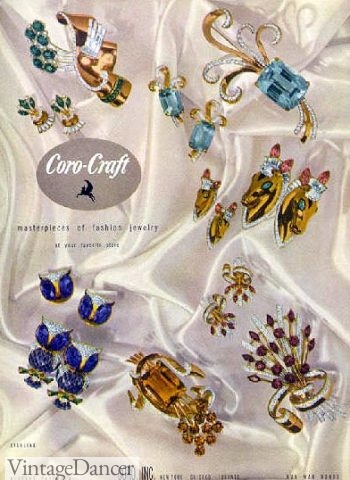 1940s jewelry trends: 1944 Coro Jewelry of colored flowers, animals, insets