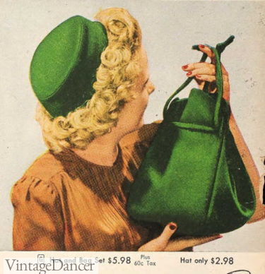 1940s green pillbox hat and bag