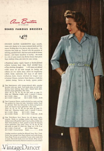 What women's clothing cost in the 1940s. A blue shirtwaist dress for $5