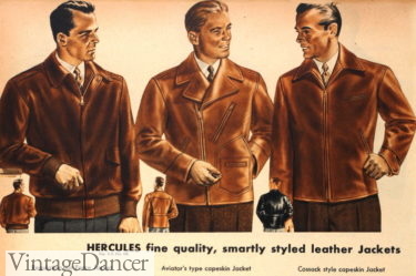 1940s mens leather jackets: blouse style, aviator, and Cossack