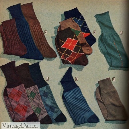 1940s Mens socks, ribbed, argyle, deco pattern, striped and solids. 