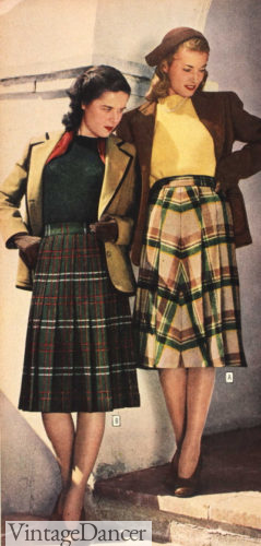 1940s fall outfit with plaid skirts with knit tops and blazers at VintageDancer