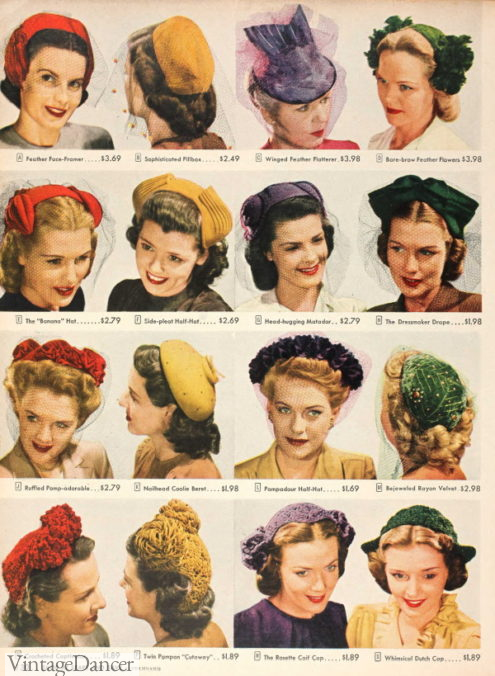 1940s hats women girls teens 1944 various small hats in bright colors