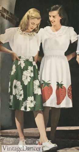 1940s summer outfits, teen girls, 1944 flowers and strawberry print skirts and white blouses