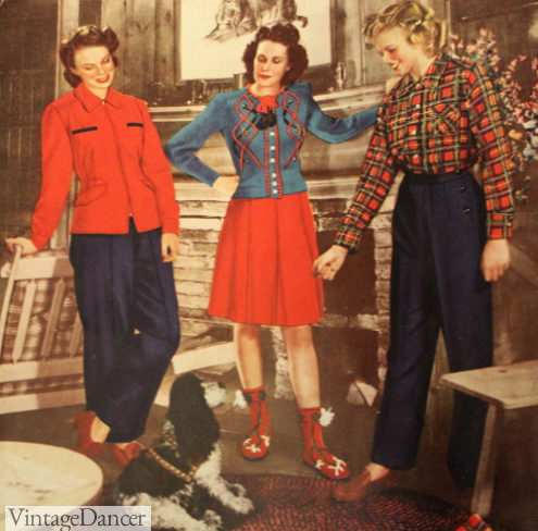 1940s vintage winter cold weather fashion outfits - 1944 winter pants with plaid shirt, red zip jacket, knit sweater and skirt