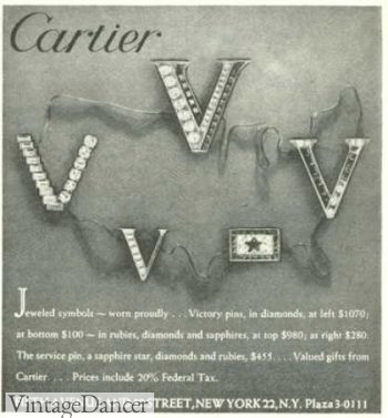 1945 Cartier V" brooches. V stands for Victory, a common word and symbol during the war. Learn more at VintageDancer.com/1940s