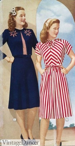 1945 blue, red and white themed dresses. 