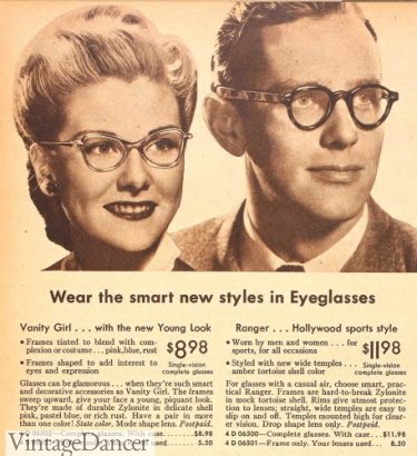 1945 "vanity girl" plastic frame eye glasses, almost cat eye shaped