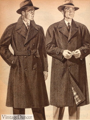 1940s men dark grey herringbone trench and topcoat