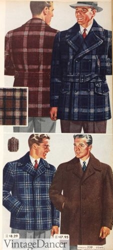 1945 men's plaid mackinaw jackets, bomber, and pea coat styles