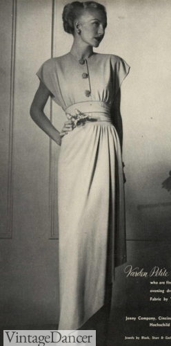 1940s Grecian gown with draped wrap skirt formal fashion