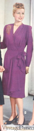 1940s purple wrap waist cocktail dress