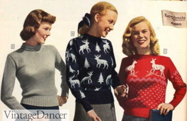 1940s winter sweaters, deer prints, ski sweaters