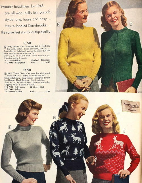 1946 winter sweaters and cardigans 1940s fall outfit ideas, 1940s winter fashion deer sweaters jumpers at VintageDancer