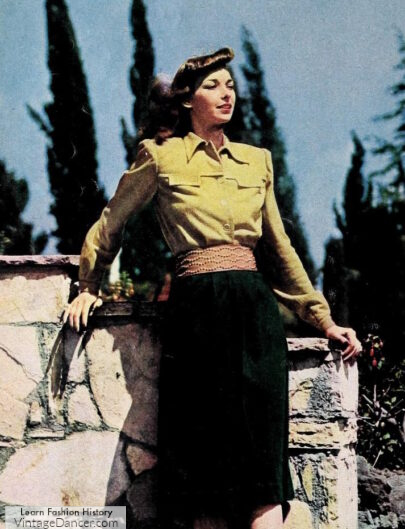 1940s pencil skirt outfit with yellow blouse shirt and wide belt