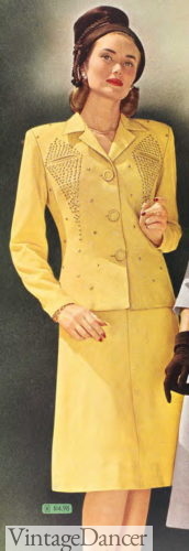 1946 yellow suit with almost pencil shape skirt